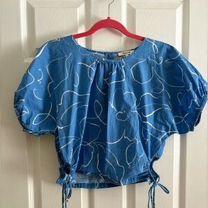 Madewell Blue Floral Puff Sleeve Drawstring Hem Blouse – Size L – 100% Cotton